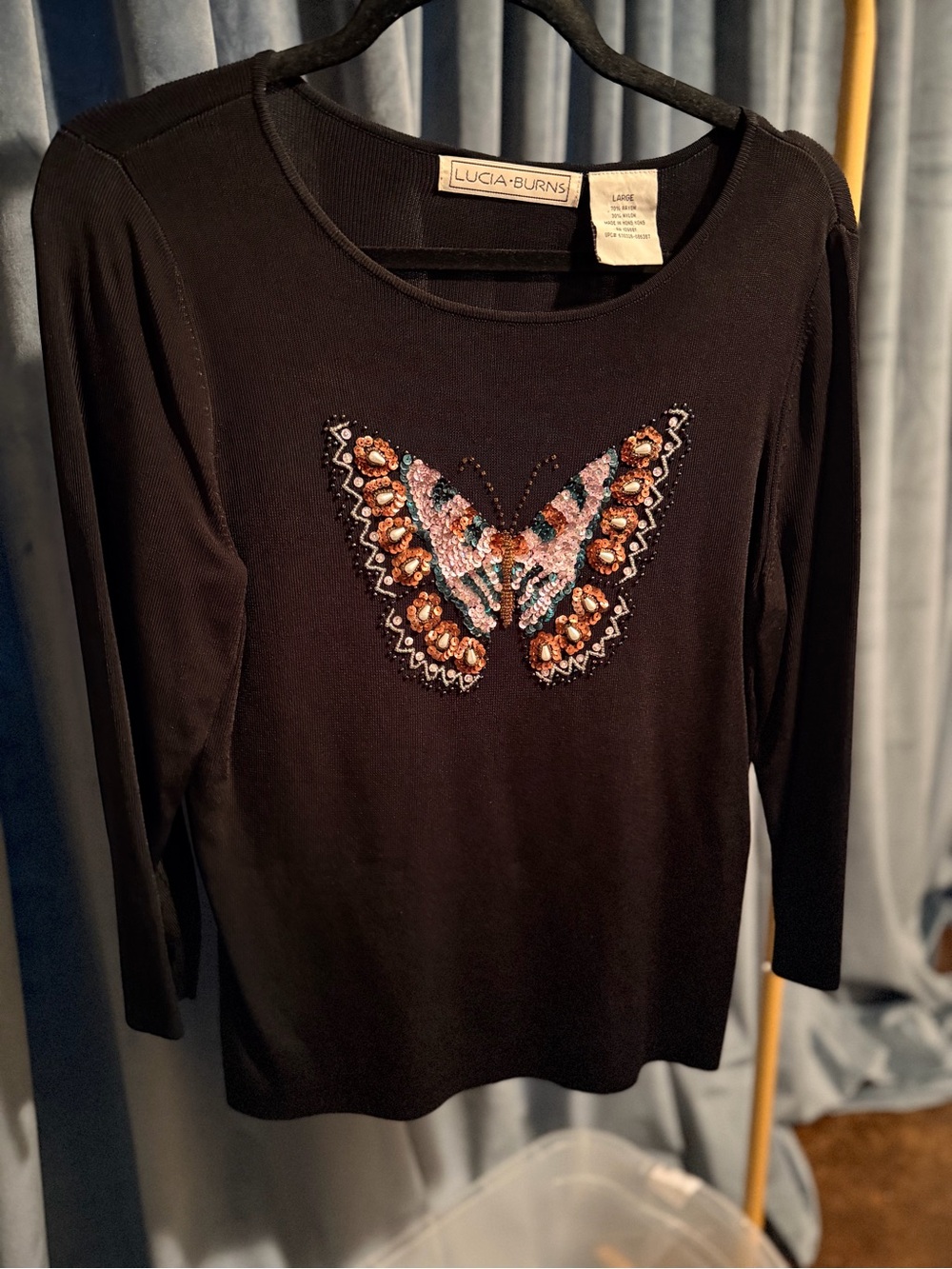 Vintage 90’s Lucia Burns Black Embellished Butterfly Long-Sleeve Top